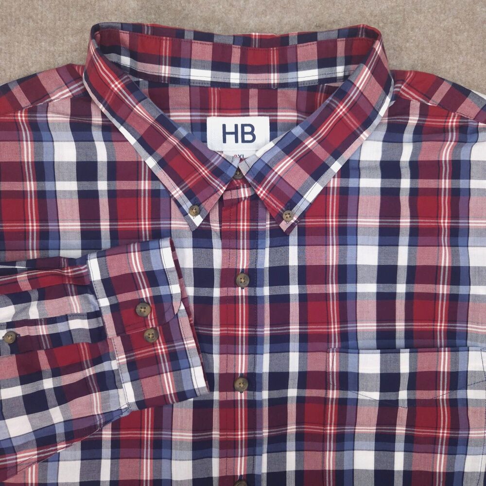HB Harbor Bay Shirt Men's 3XL Red Blue Plaid Long Sleeve Button Down